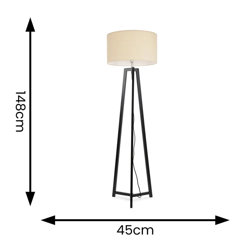 Lottie Tripod Floor Lamp with Natural Fabric Drum Shade - Black, Wood