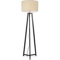 Lottie Tripod Floor Lamp with Natural Fabric Drum Shade - Black, Wood
