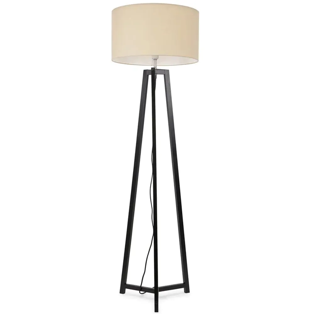 Lottie Tripod Floor Lamp with Natural Fabric Drum Shade - Black, Wood