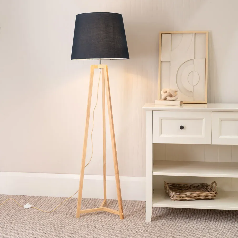 Lottie Tripod Floor Lamp with Tapered Shade - Black, Wood