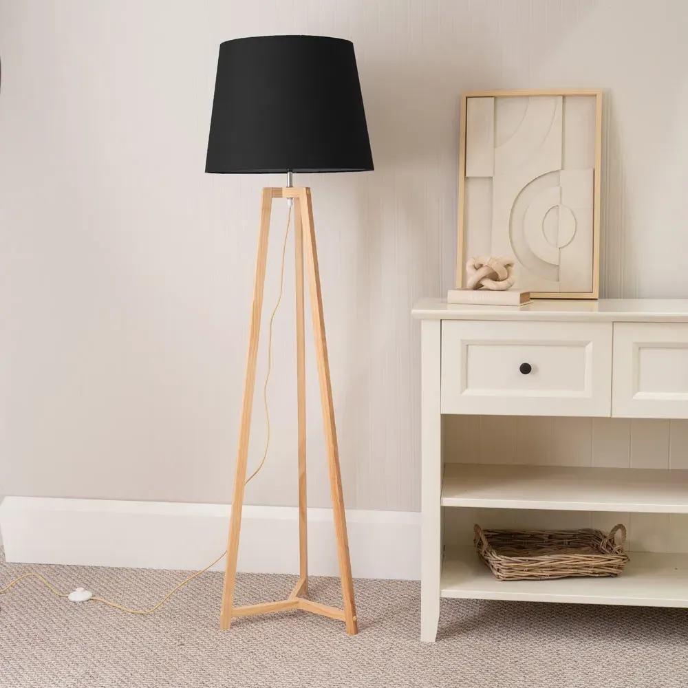 Lottie Tripod Floor Lamp with Tapered Shade - Black, Wood