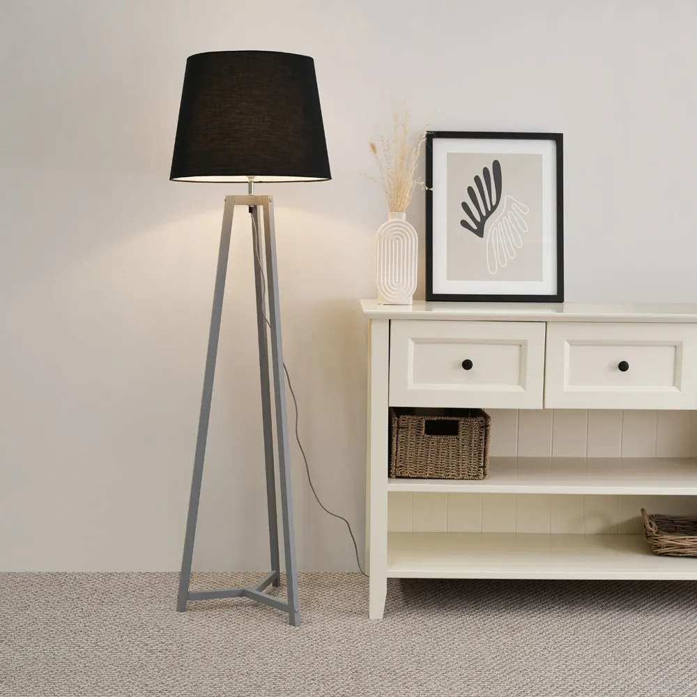 Lottie Tripod Floor Lamp with Tapered Shade - Black, Wood