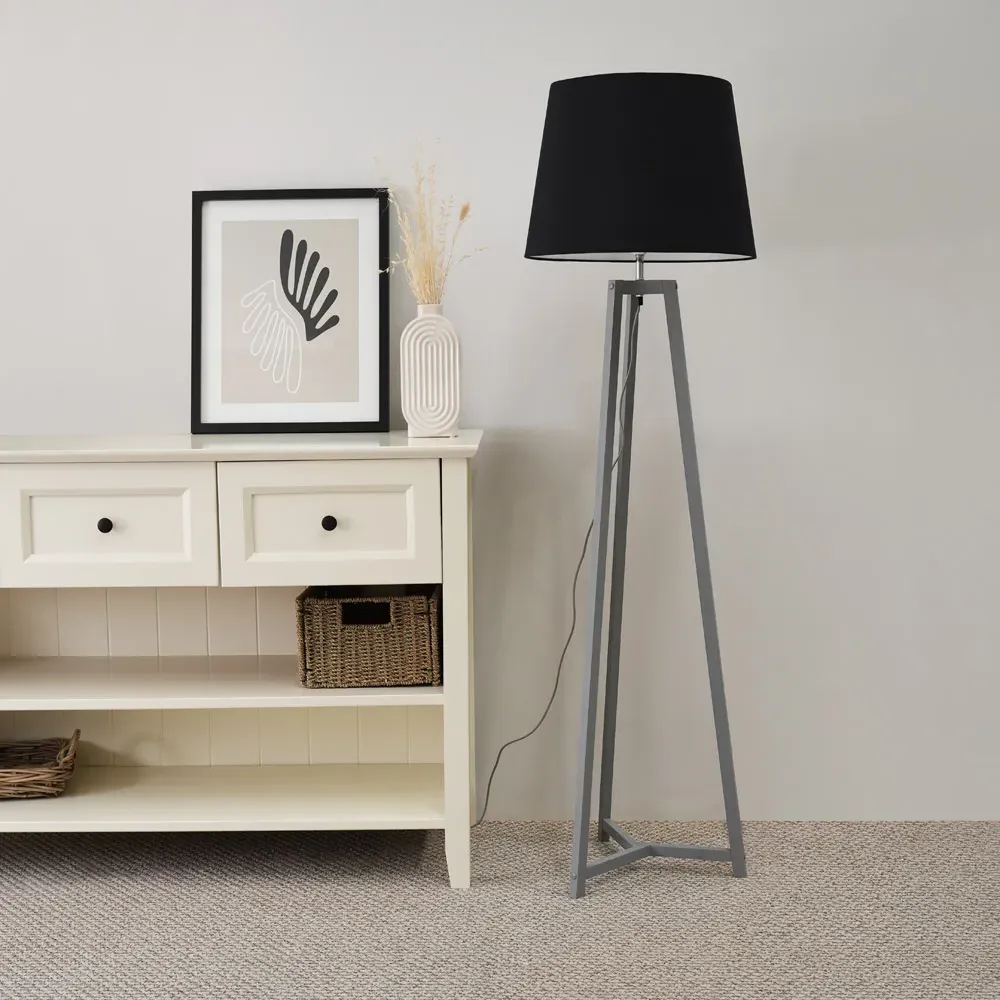Lottie Tripod Floor Lamp with Tapered Shade - Black, Wood