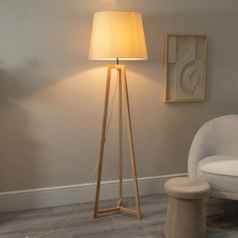 Lottie Tripod Floor Lamp with Tapered Shade - Cream, Wood