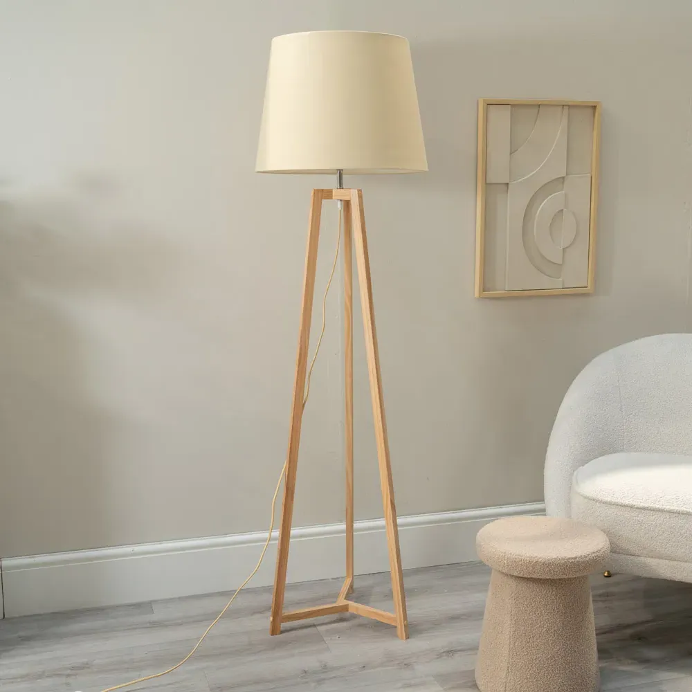 Lottie Tripod Floor Lamp with Tapered Shade - Cream, Wood