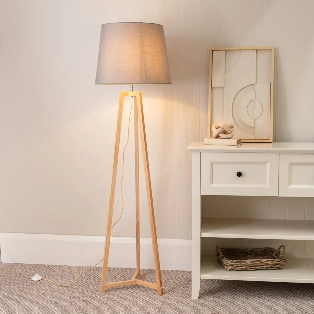 Lottie Tripod Floor Lamp with Tapered Shade - Cream, Wood
