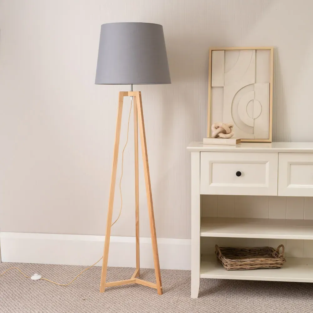 Lottie Tripod Floor Lamp with Tapered Shade - Cream, Wood