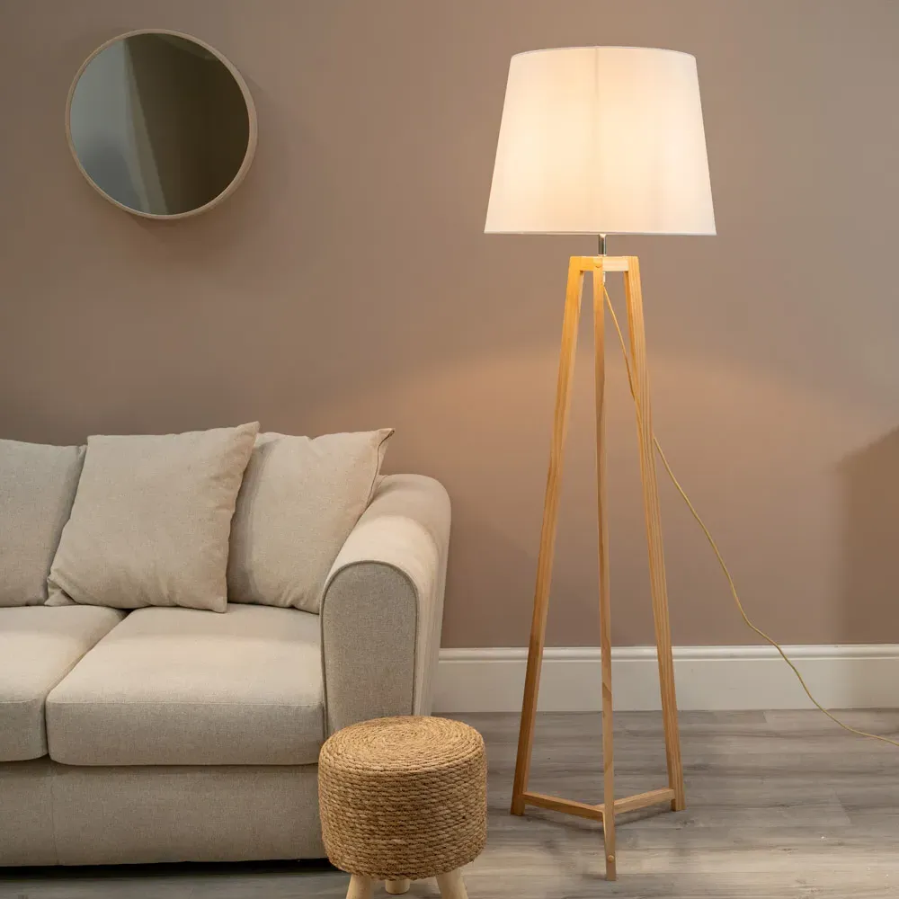 Lottie Tripod Floor Lamp with Tapered Shade - Cream, Wood