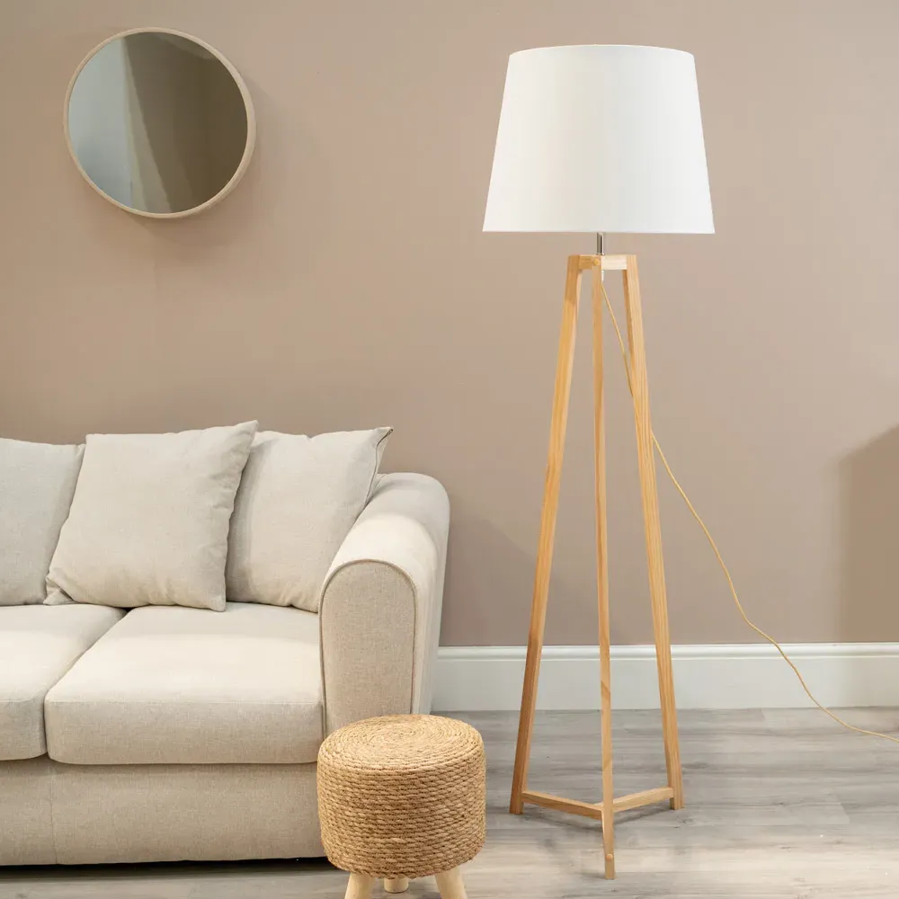 Lottie Tripod Floor Lamp with Tapered Shade - Cream, Wood