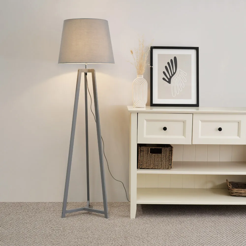 Lottie Tripod Floor Lamp with Tapered Shade - Grey, Wood