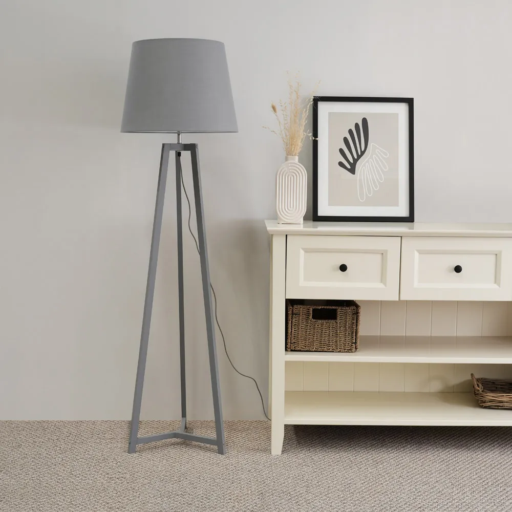 Lottie Tripod Floor Lamp with Tapered Shade - Grey, Wood
