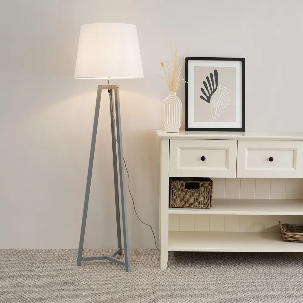 Lottie Tripod Floor Lamp with Tapered Shade - Grey, Wood