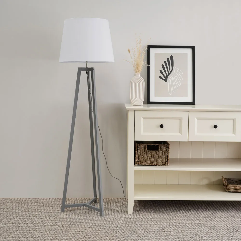 Lottie Tripod Floor Lamp with Tapered Shade - Grey, Wood