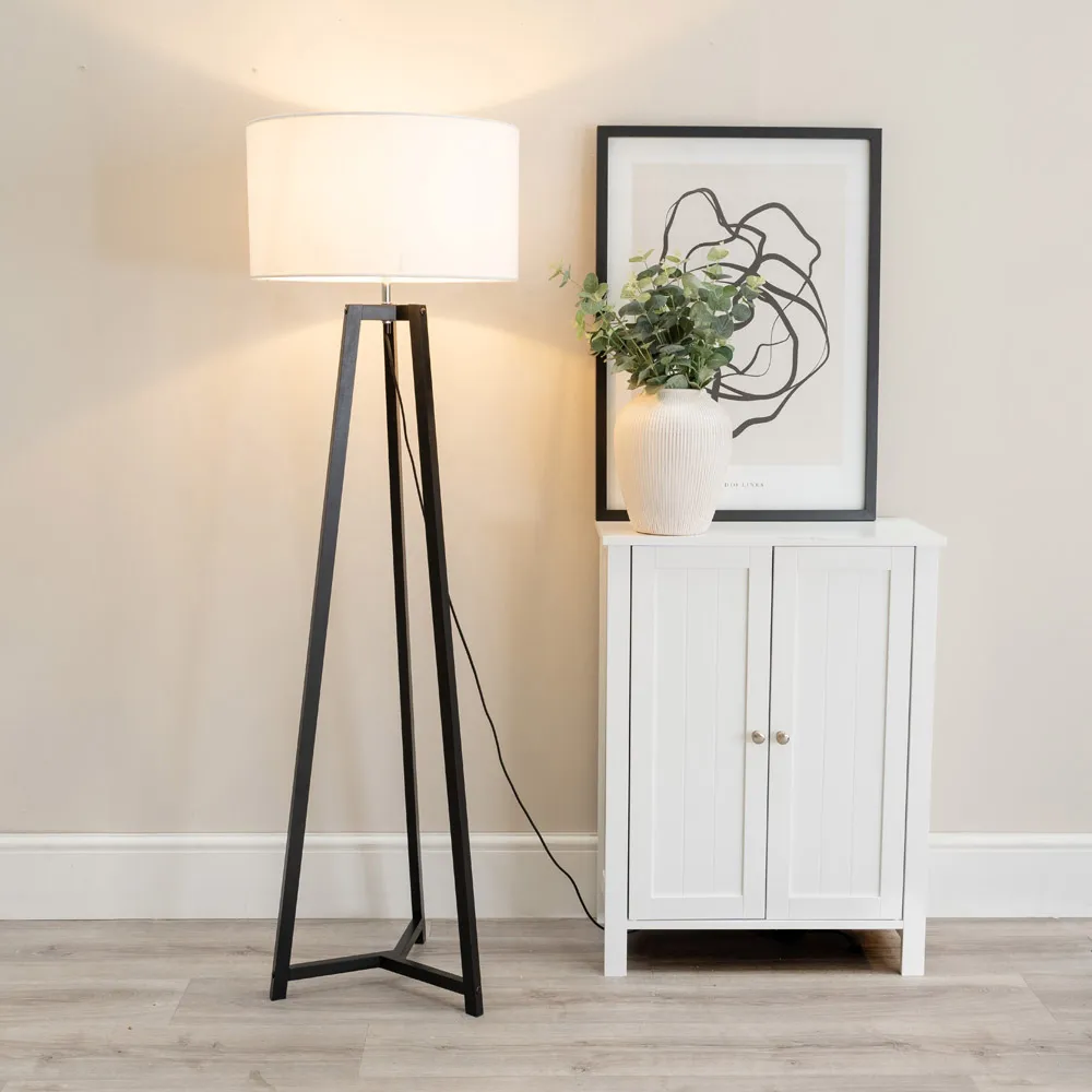 Lottie Tripod Floor Lamp with White Fabric Drum Shade - Black, Wood