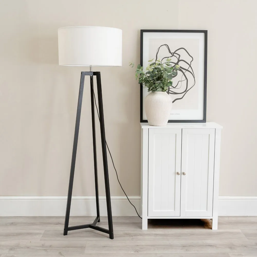 Lottie Tripod Floor Lamp with White Fabric Drum Shade - Black, Wood