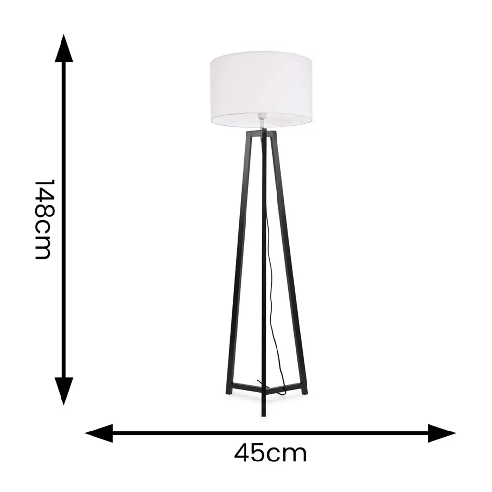 Lottie Tripod Floor Lamp with White Fabric Drum Shade - Black, Wood