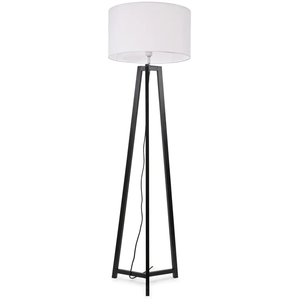 Lottie Tripod Floor Lamp with White Fabric Drum Shade - Black, Wood
