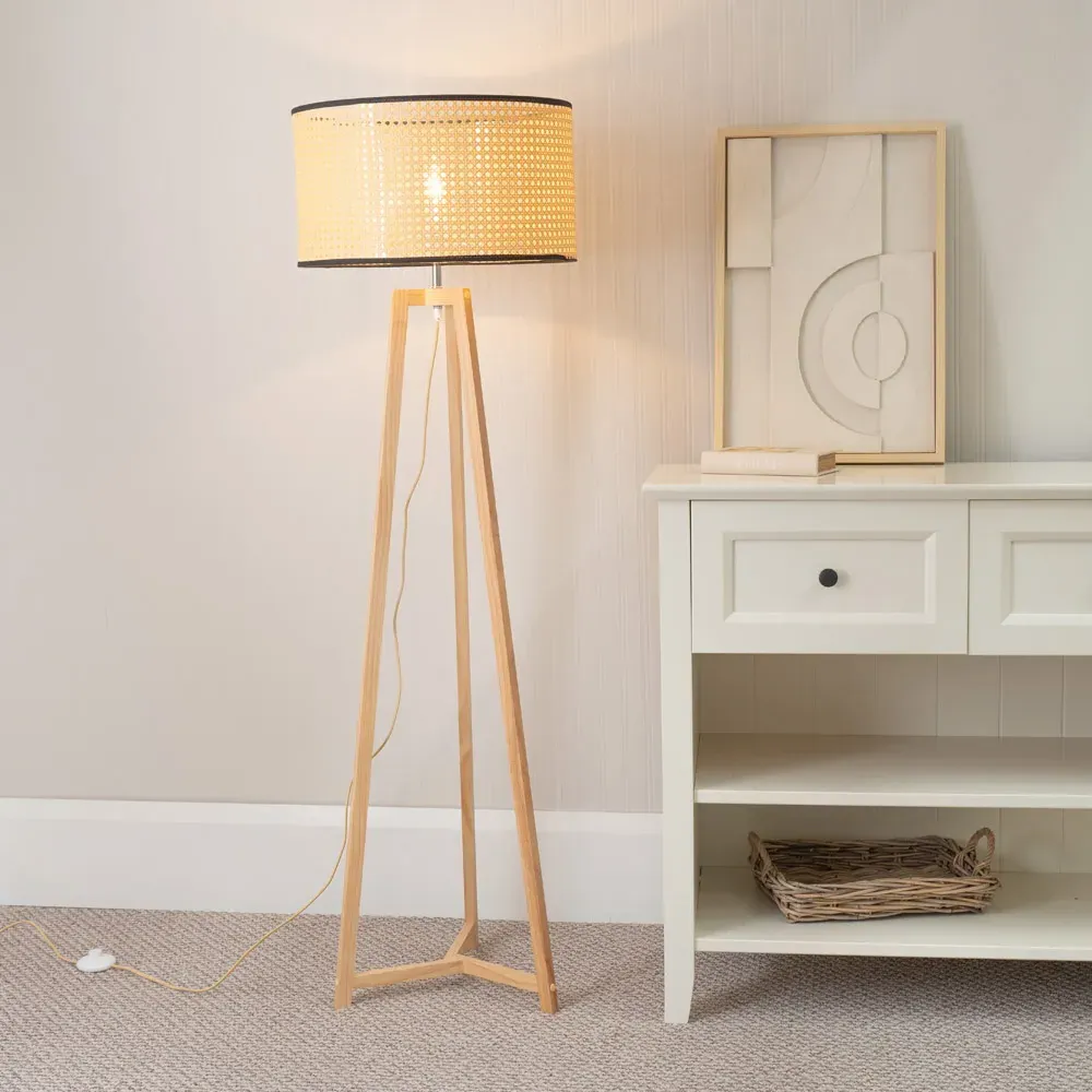 Lottie Tripod Floor Lamp with Wicker Shade - Cream, Wood