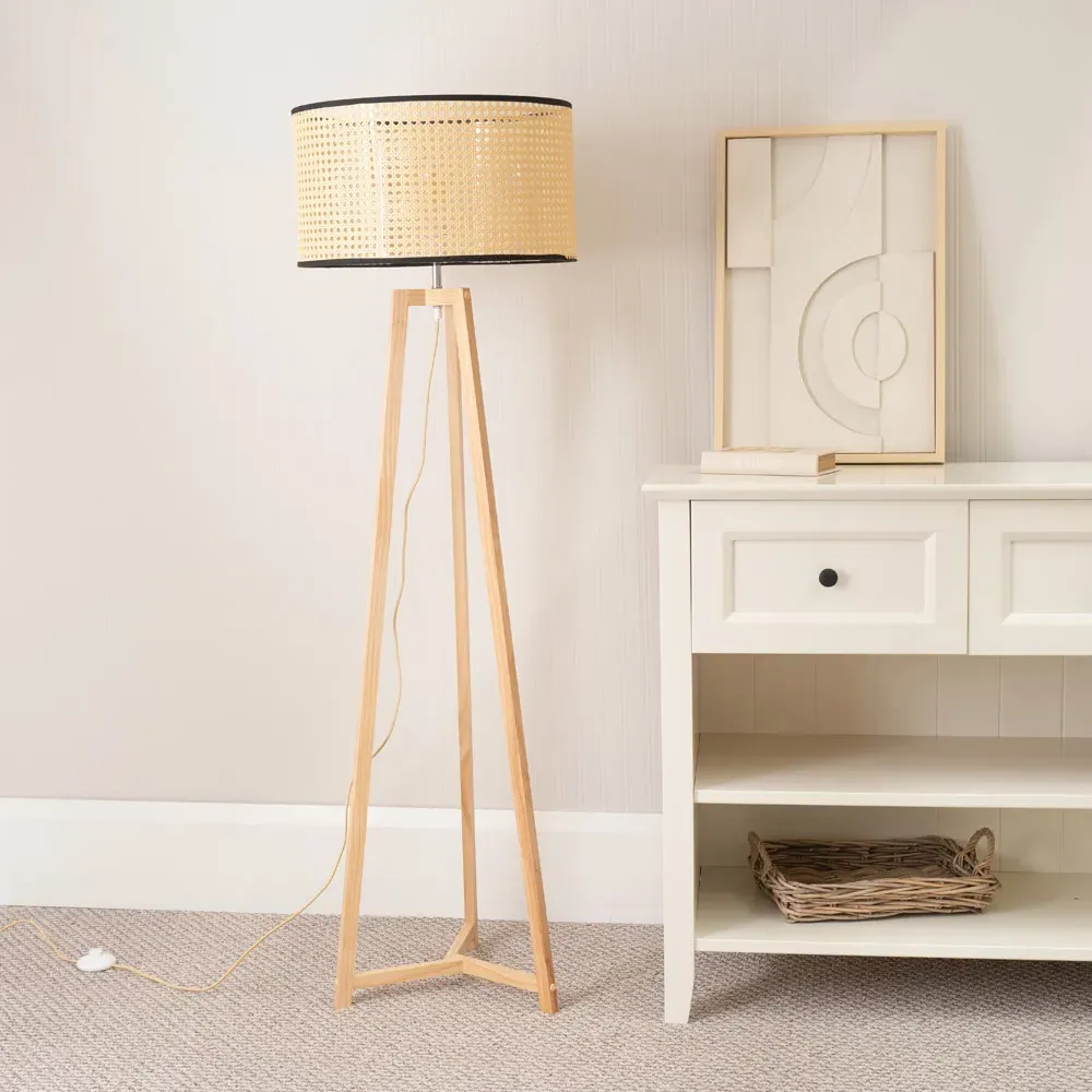 Lottie Tripod Floor Lamp with Wicker Shade - Cream, Wood
