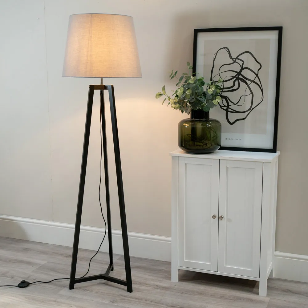 Lottie Tripod LED Floor Lamp - Grey, Fabric
