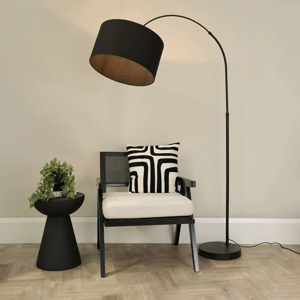 Louis Curved LED Floor Lamp - Black, Black Fabric