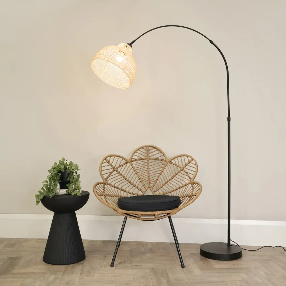 Louis Curved LED Floor Lamp - Black, Cream Woven Basket