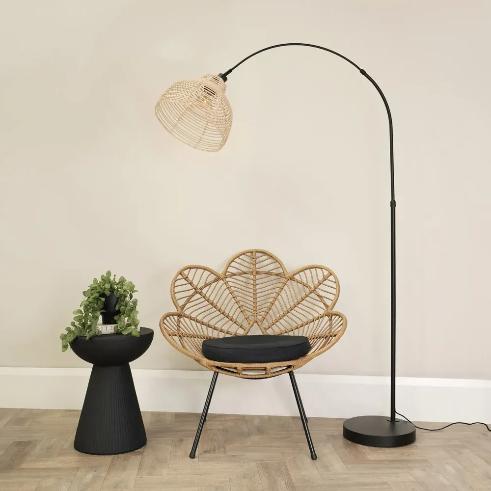 Louis Curved LED Floor Lamp - Black, Cream Woven Basket