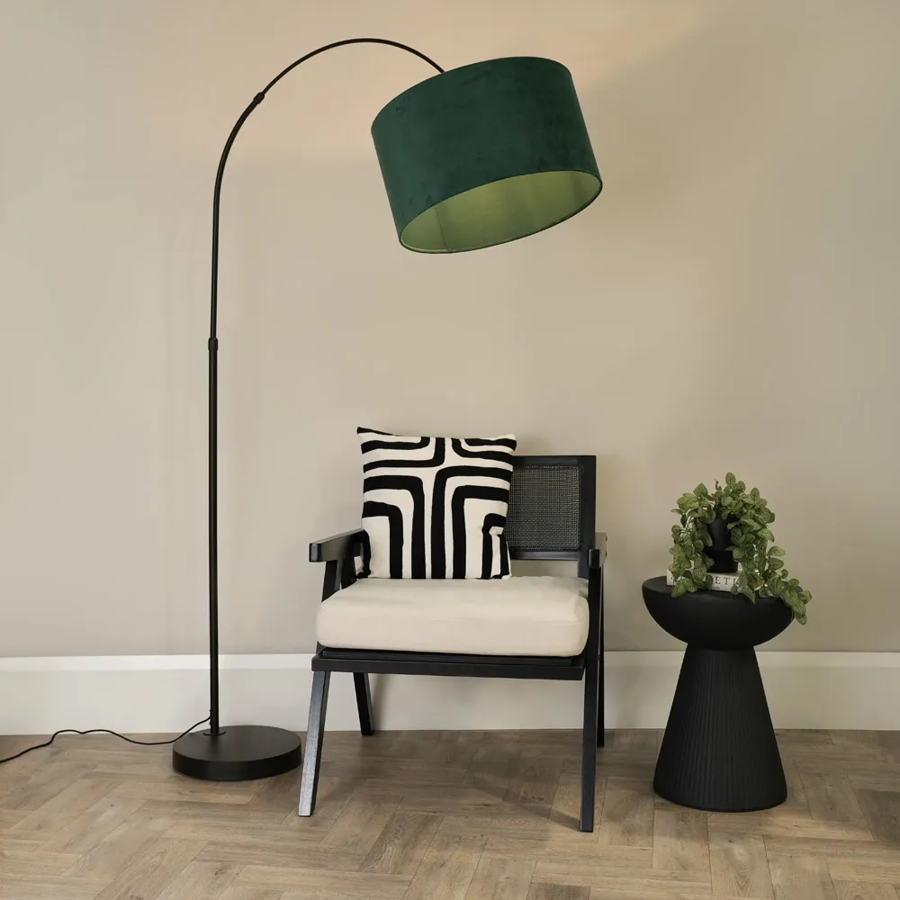 Louis Curved LED Floor Lamp - Black, Forest Green Velvet