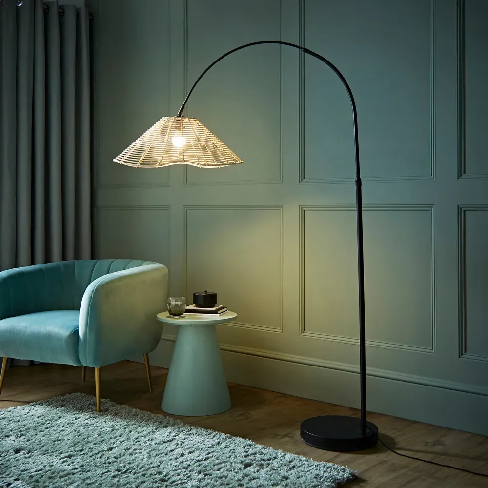 Louis Curved LED Floor Lamp - Black, Natural Wicker
