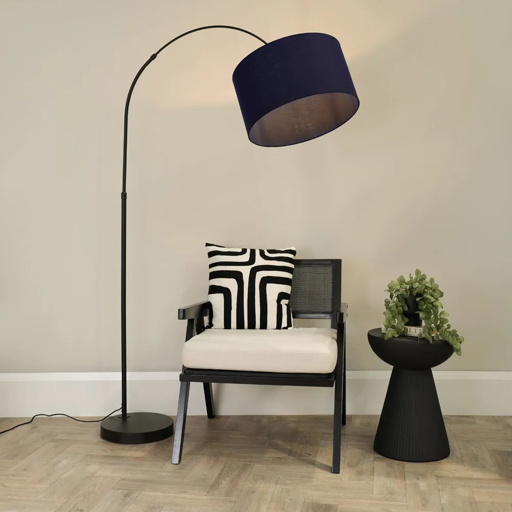 Louis Curved LED Floor Lamp - Black, Navy Blue Fabric