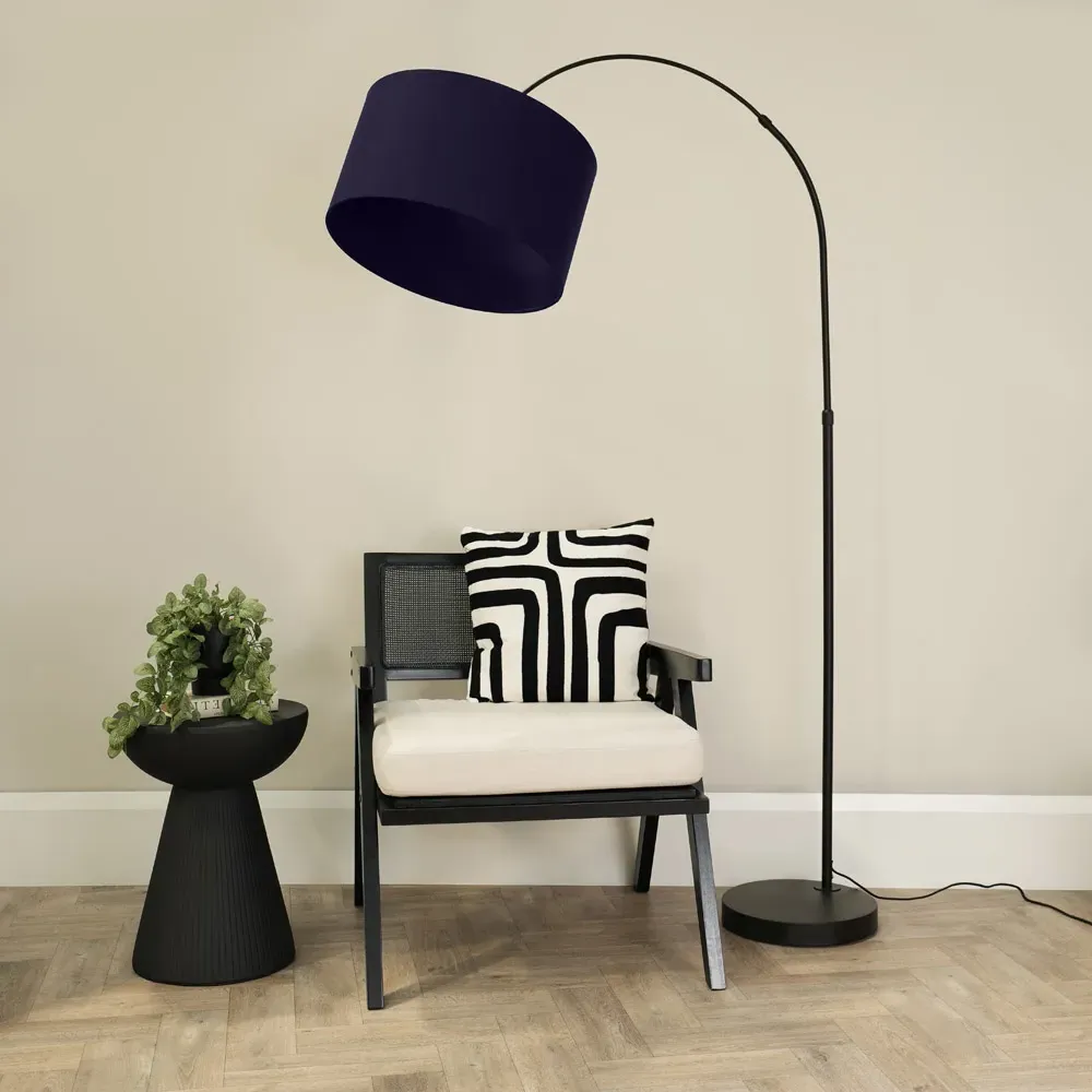 Louis Curved LED Floor Lamp - Black, Navy Blue Fabric