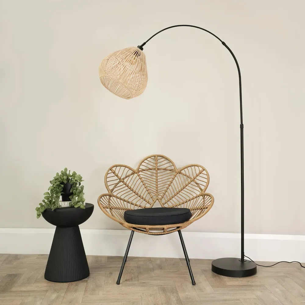 Louis Curved LED Floor Lamp - Black, Rattan