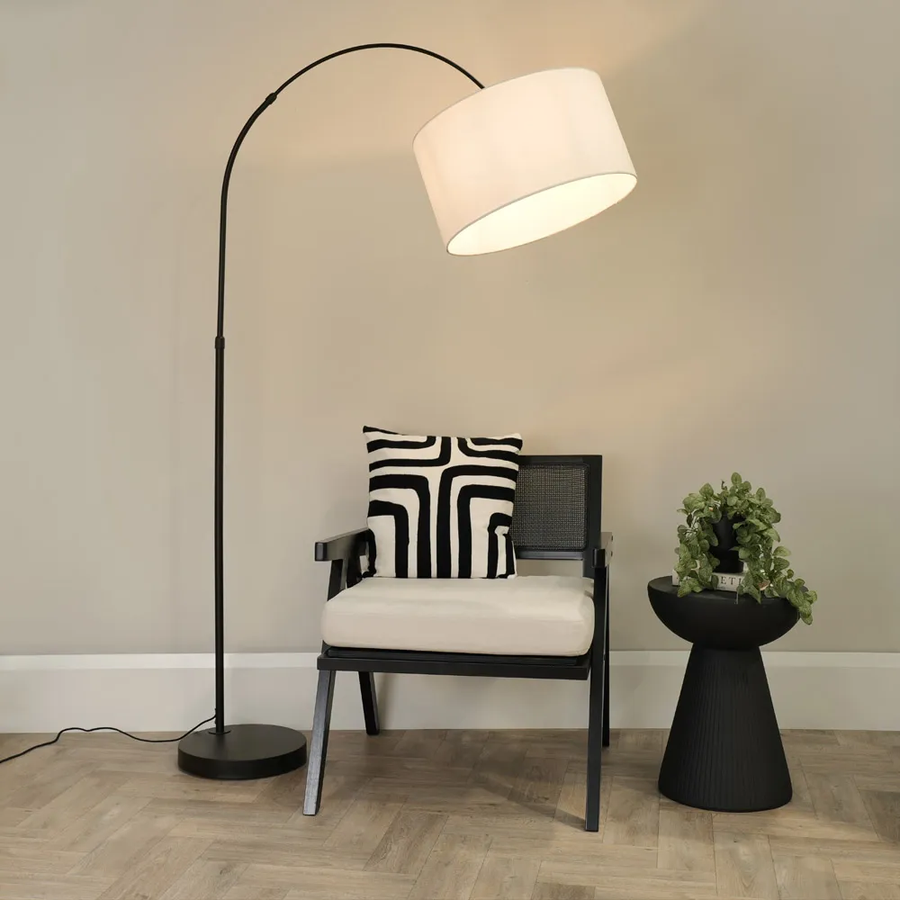 Louis Curved LED Floor Lamp - Black, White Fabric