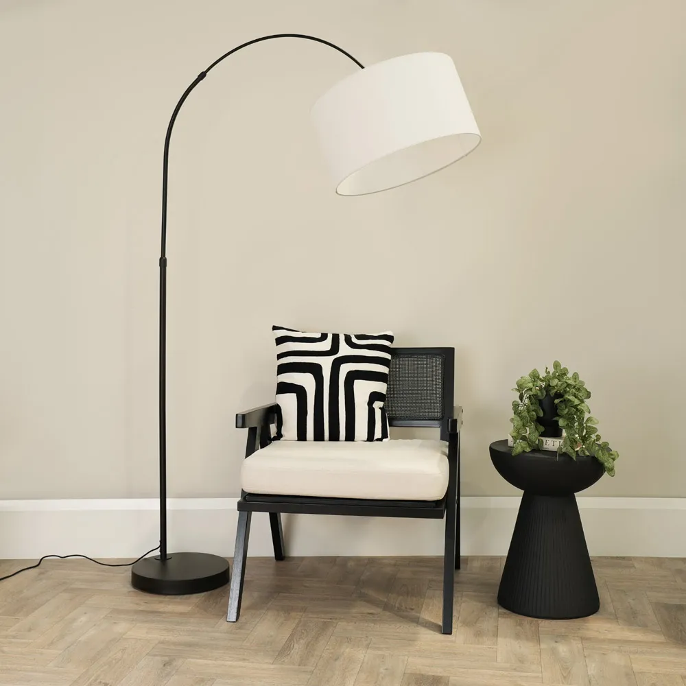 Louis Curved LED Floor Lamp - Black, White Fabric