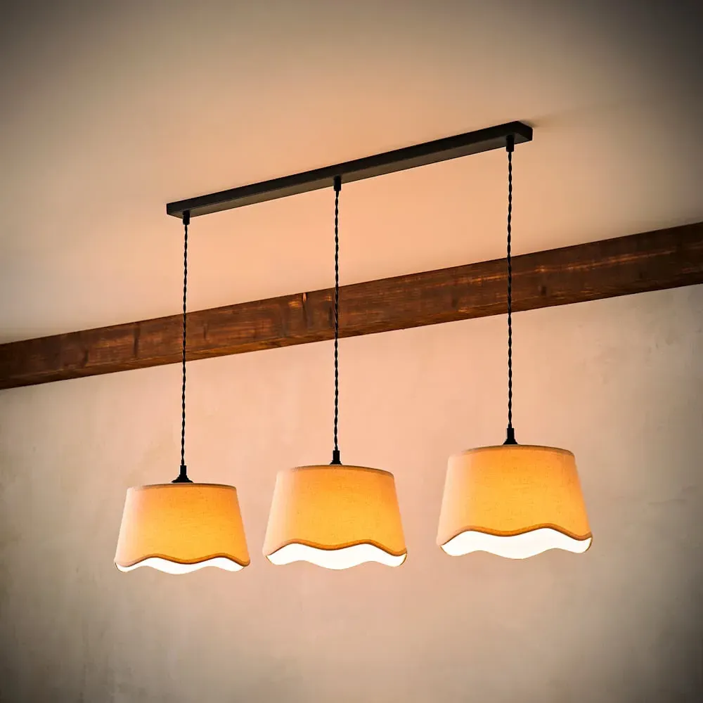 Mabel 3 Drop Bar Ceiling Light with Scallop Shade - Black, Linen