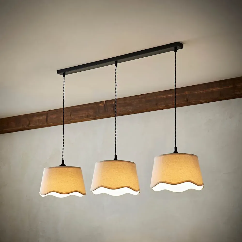 Mabel 3 Drop Bar Ceiling Light with Scallop Shade - Black, Linen