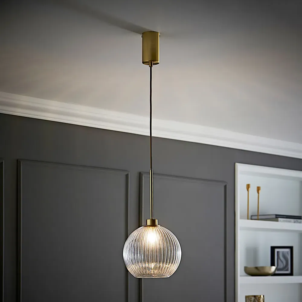 Maddison Ribbed Glass LED Ceiling Pendant with Bulb - Gold