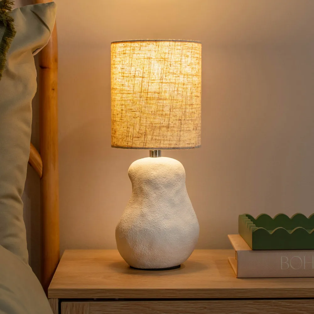 Mae Linen Shade LED Table Lamp - White, Ceramic