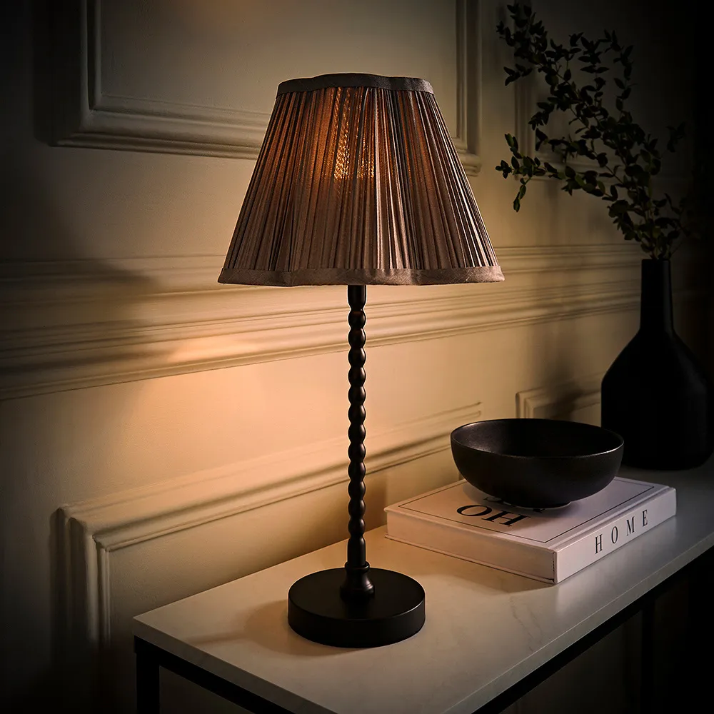Maeve Bobbin Table Lamp with Scalloped Shade - Dark Grey, Faux Silk