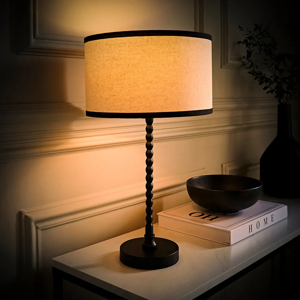 Maeve Drum Shade Bobbin Table Lamp with Bulb - Black, Linen