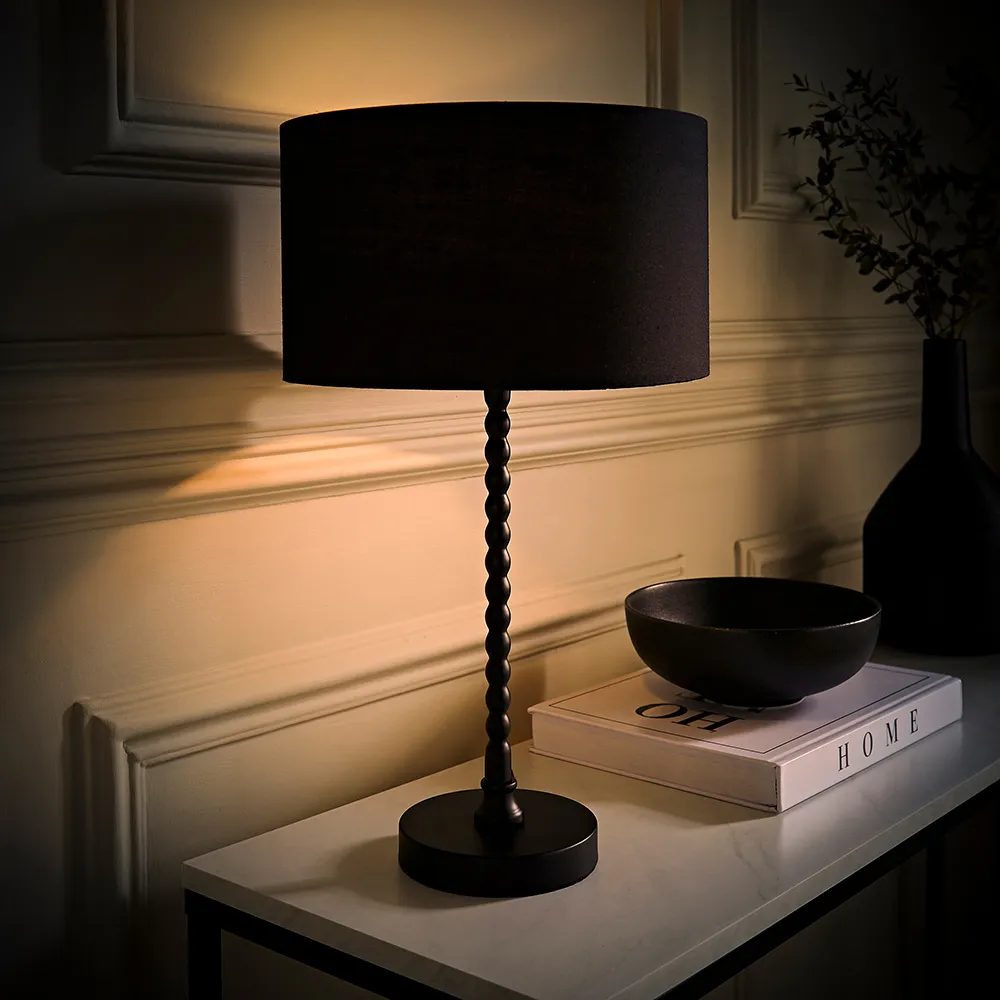 Maeve Drum Shade Bobbin Table Lamp with LED Bulb - Black