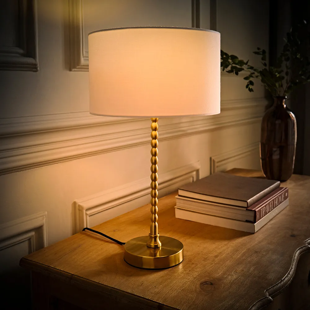 Maeve Drum Shade Bobbin Table Lamp with LED Bulb - White, Gold