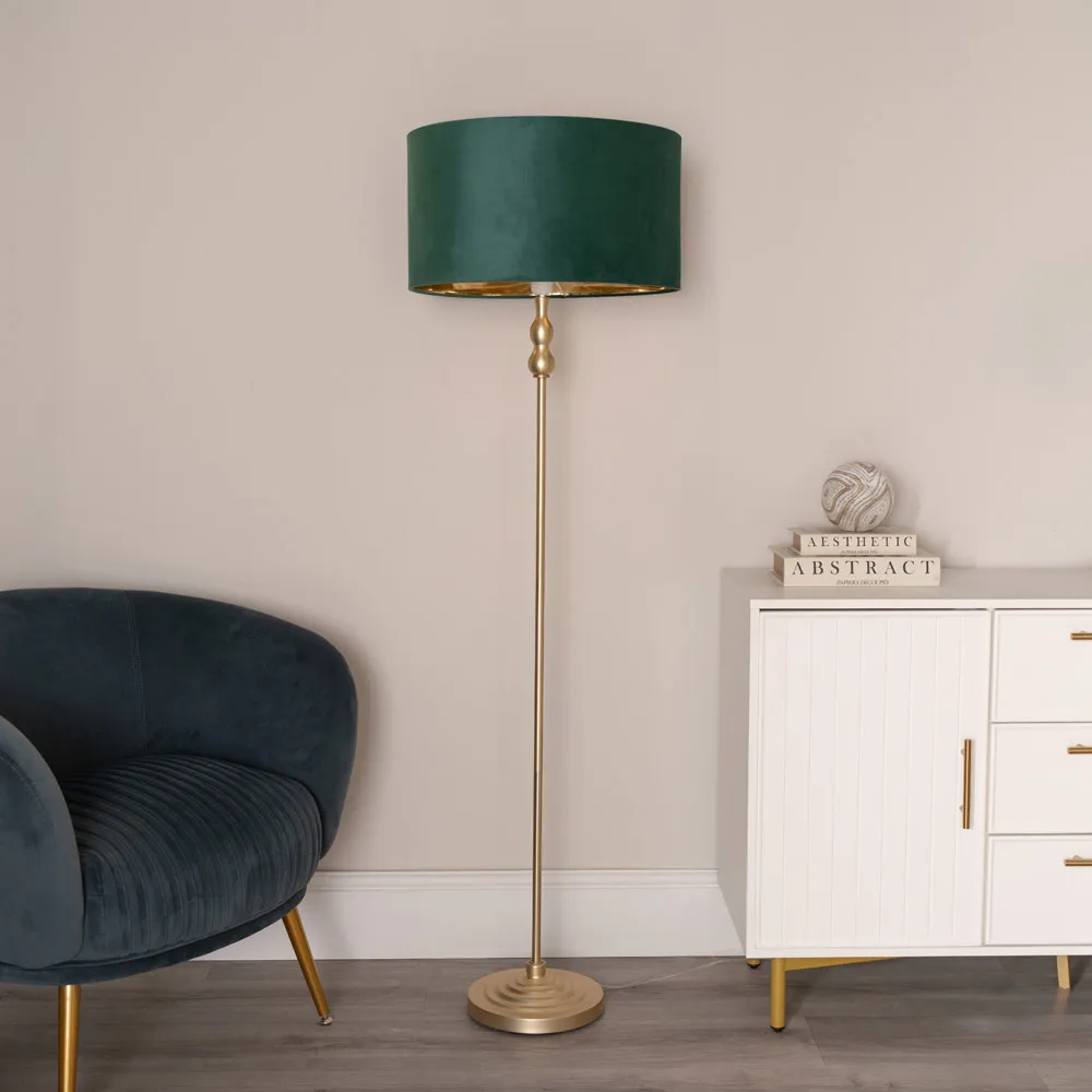 Maggie Candlestick LED Floor Lamp - Gold, Forest Green Velvet
