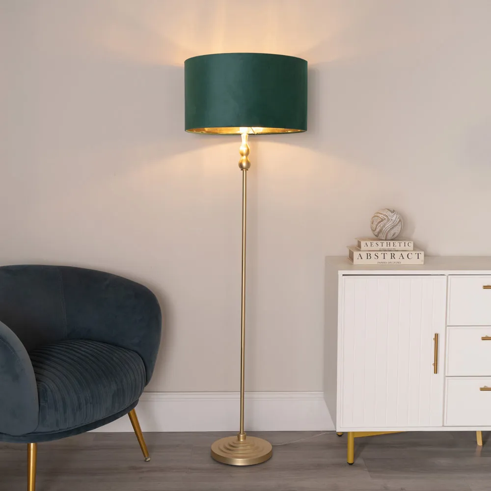 Maggie Candlestick LED Floor Lamp - Gold, Forest Green Velvet