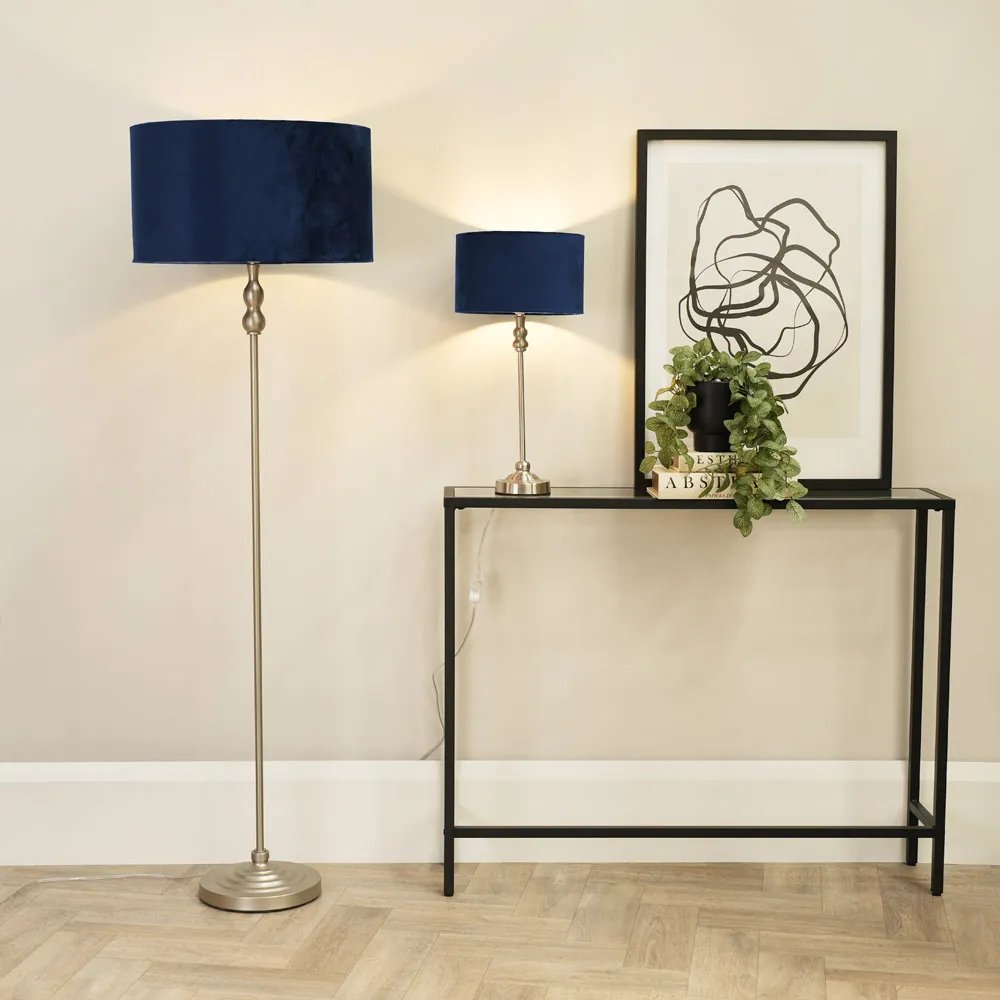 Maggie Candlestick LED Floor Lamp - Navy Blue, Velvet