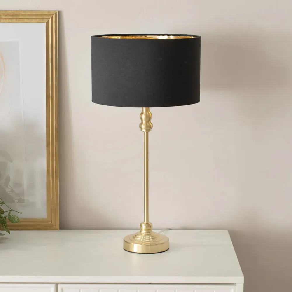 Maggie Candlestick LED Table Lamp - Gold, Black Fabric