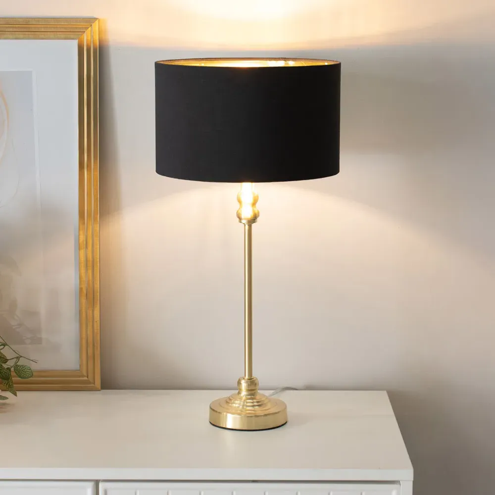 Maggie Candlestick LED Table Lamp - Gold, Black Fabric