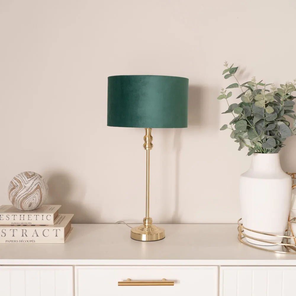 Maggie Candlestick LED Table Lamp - Gold, Forest Green Velvet