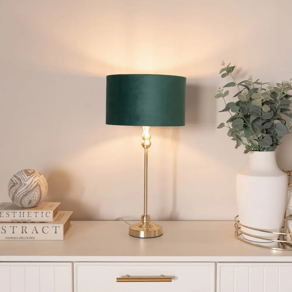 Maggie Candlestick LED Table Lamp - Gold, Forest Green Velvet