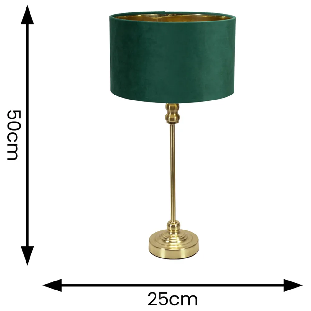 Maggie Candlestick LED Table Lamp - Gold, Forest Green Velvet